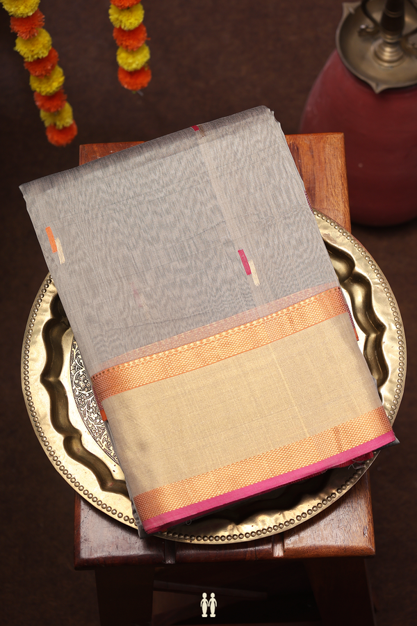 Maheswari Silk Cotton Saree In Greyish Green With Buttas