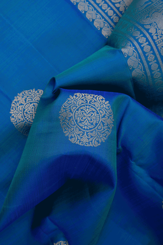 Mandala Zari Design Peacock Blue Kanchipuram Silk Saree
