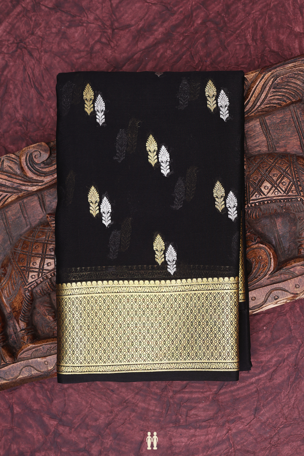 Mysore Silk Saree In Black With Floral Buttas