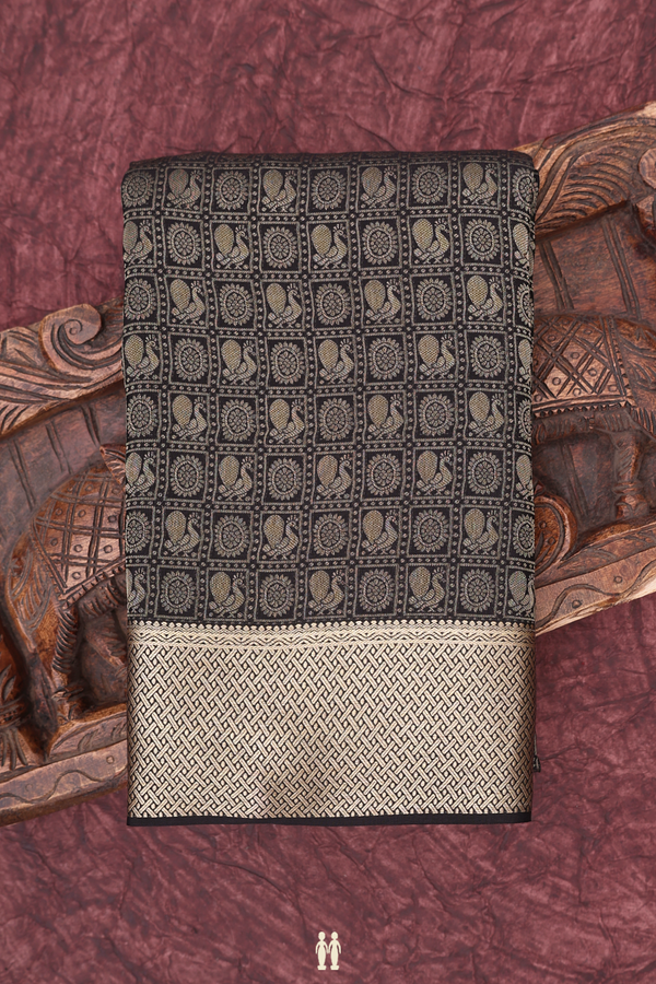 Mysore Silk Saree In Black With Peacock Design
