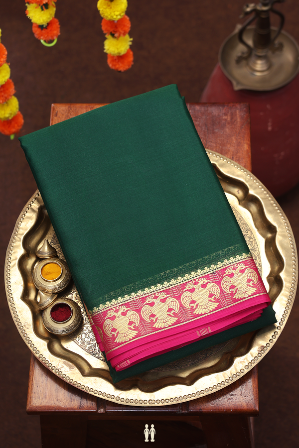 Mysore Silk Saree In Bottle Green With Contrast Border