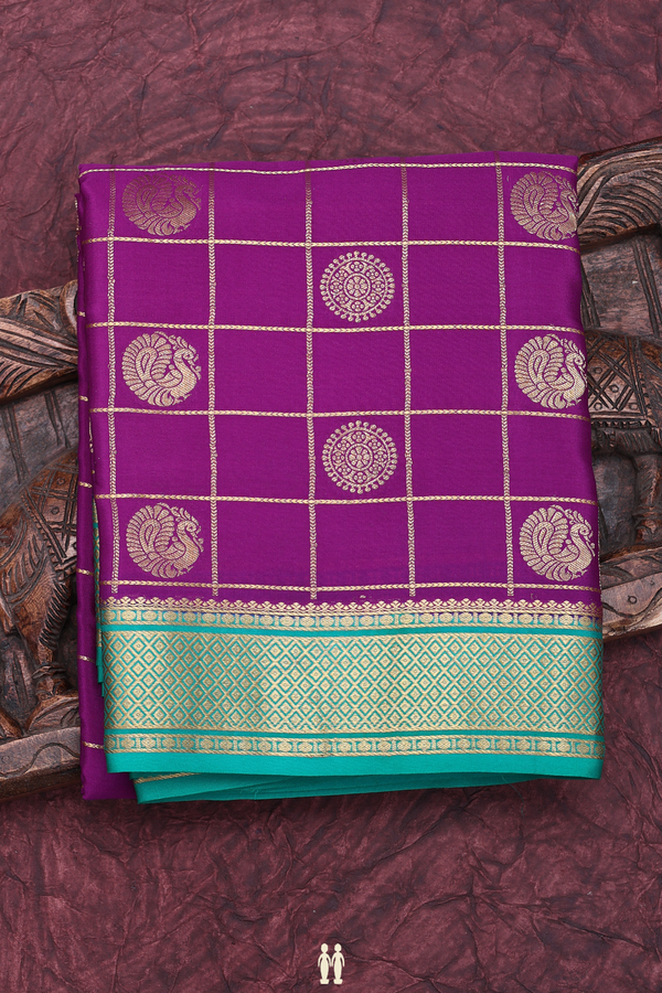 Mysore Silk Saree In Grape Purple With Checks Design