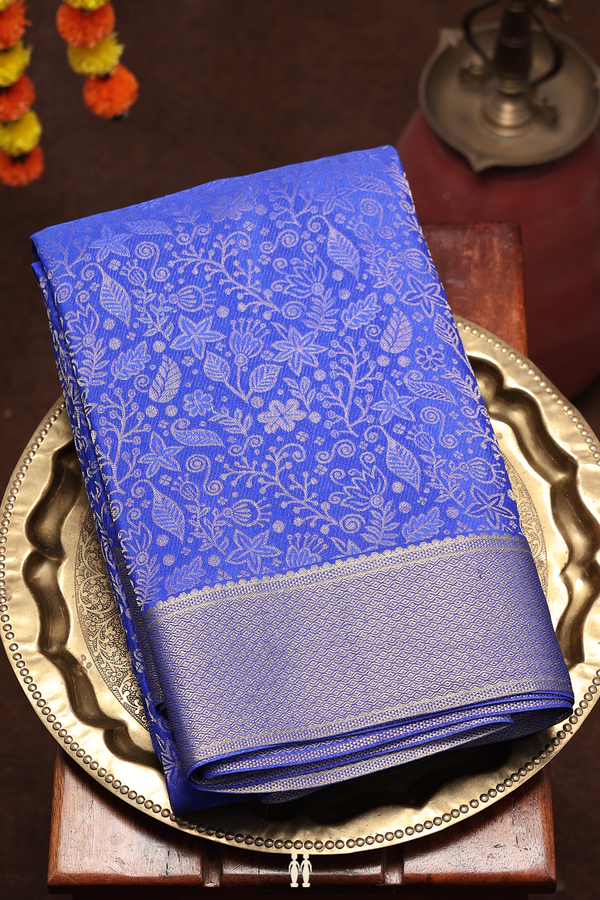 Mysore Silk Saree In Indigo Blue With Floral Design