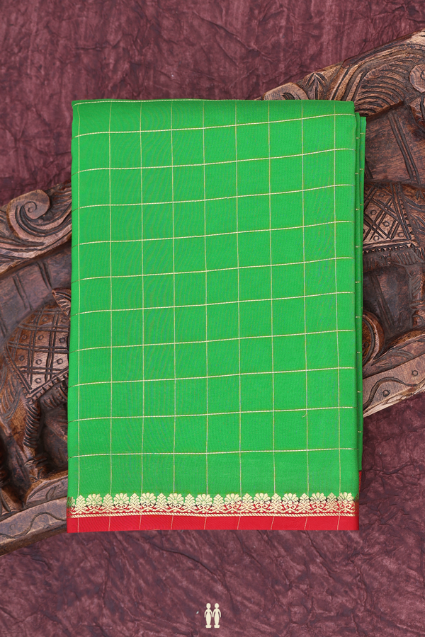 Mysore Silk Saree In Parrot Green With Checks Design