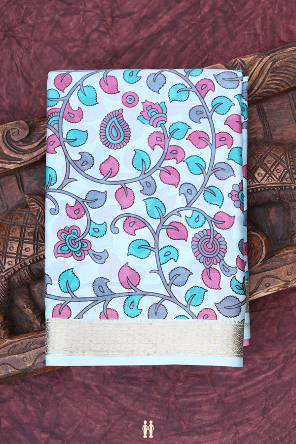 Mysore Silk Saree In Pastel Blue With Leaf Design
