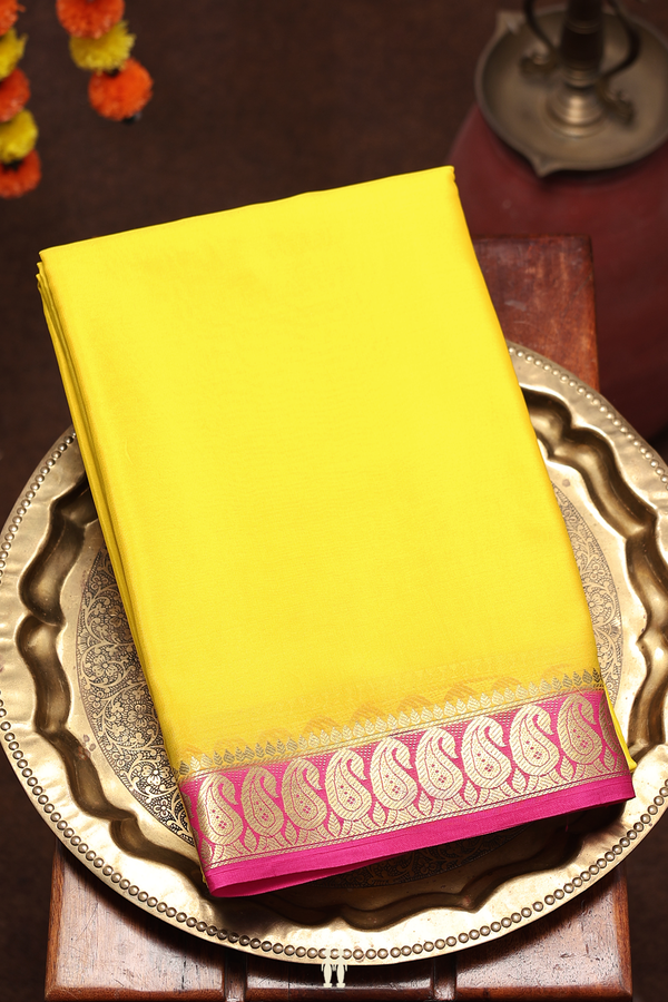 Mysore Silk Saree In Plain Lemon Yellow With Paisley Border