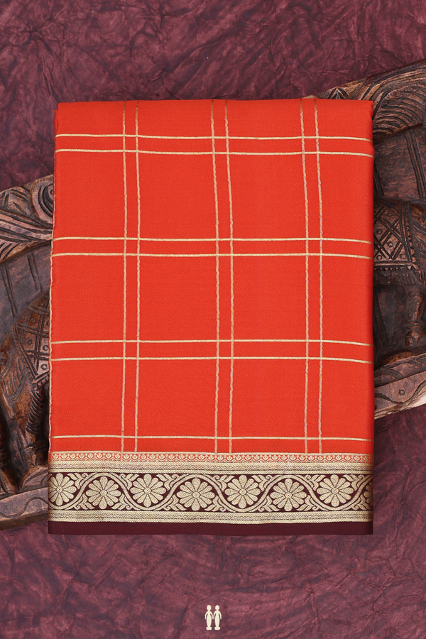 Mysore Silk Saree In Rust Orange With Checks Design
