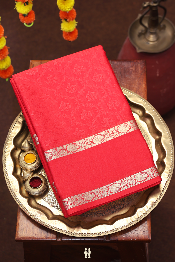 Mysore Silk Saree In Scarlet Red With Ogee Design