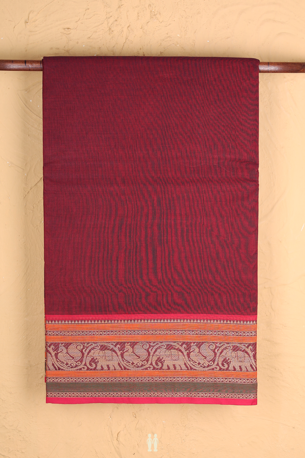 Nine Yards Cotton Saree Burgundy Red With Threadwork Border