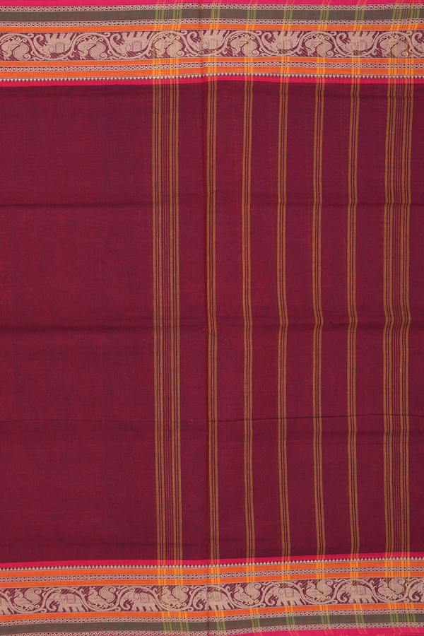 Nine Yards Cotton Saree Burgundy Red With Threadwork Border