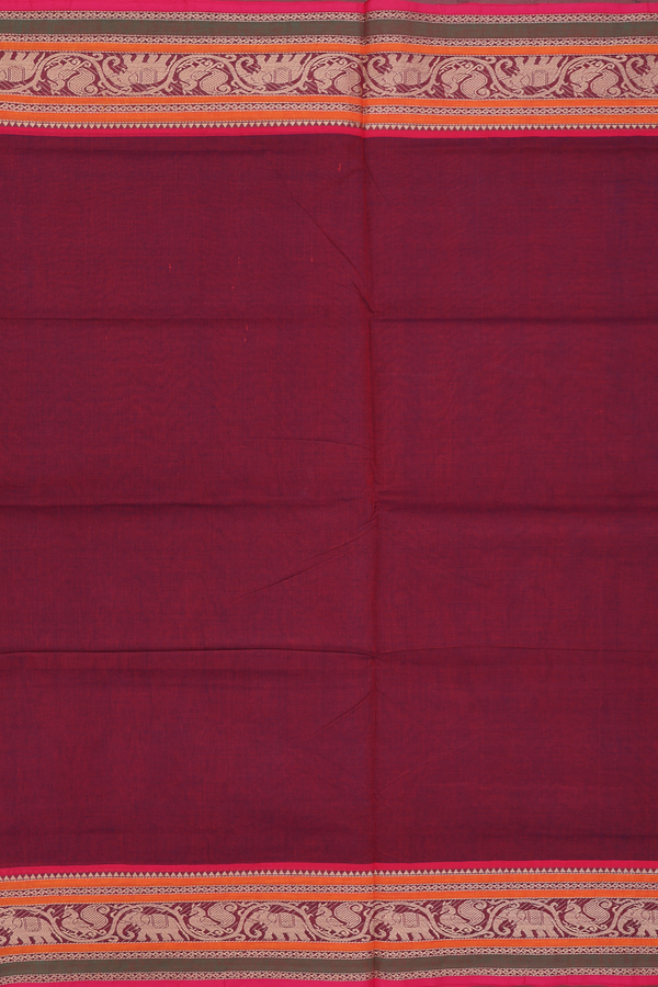 Nine Yards Cotton Saree Burgundy Red With Threadwork Border