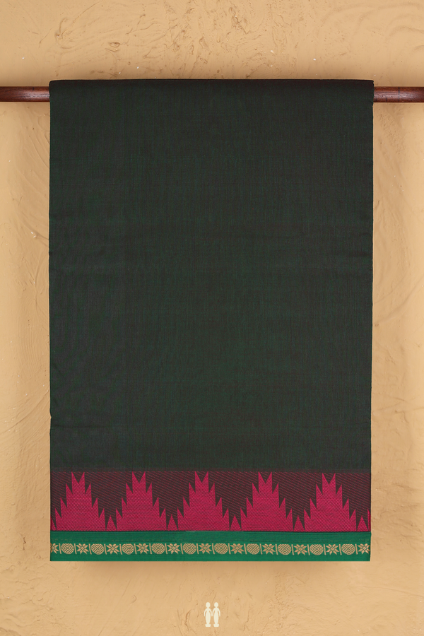 Nine Yards Cotton Saree In Dark Green With Threadwork Border