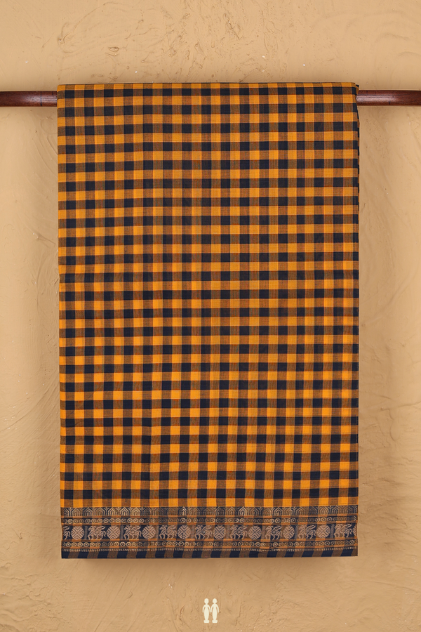 Nine Yards Cotton Saree In Blue And Orange With Checks Design