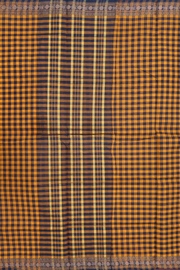 Nine Yards Cotton Saree In Blue And Orange With Checks Design
