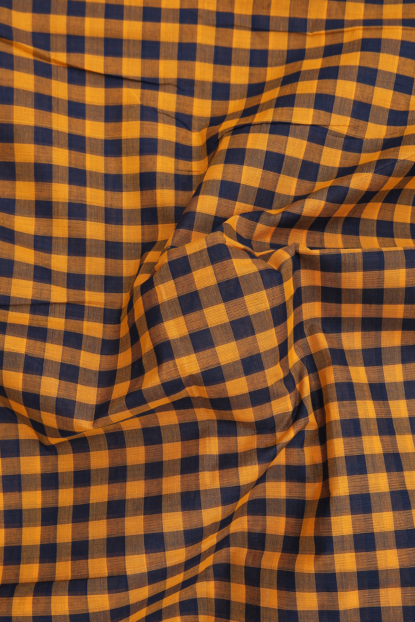 Nine Yards Cotton Saree In Blue And Orange With Checks Design