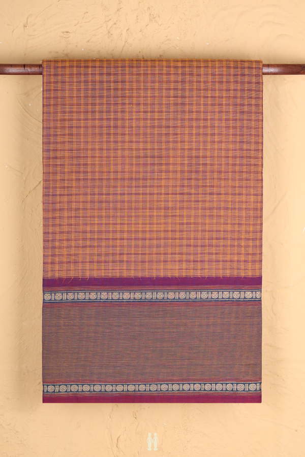 Nine Yards Cotton Saree In Brown With Checks Design