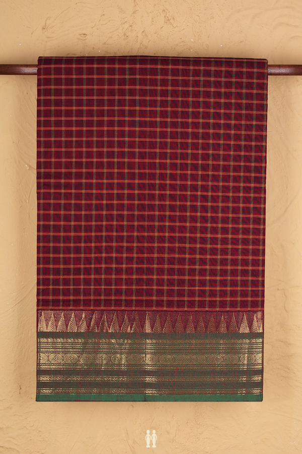 Nine Yards Cotton Saree In Burgundy Red With Checks Design
