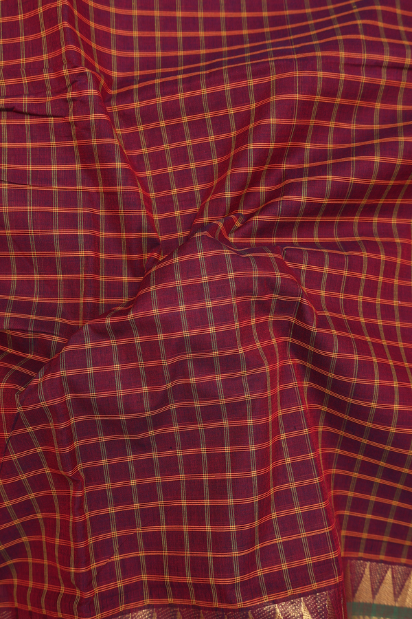 Nine Yards Cotton Saree In Burgundy Red With Checks Design