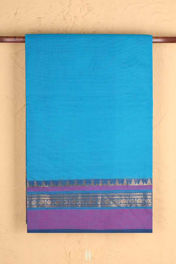 Nine Yards Cotton Saree In Cerulean Blue With Contrast Border