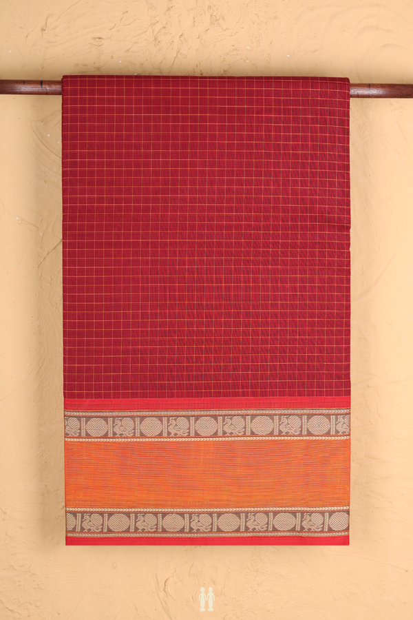 Nine Yards Cotton Saree In Crimson Red With Checks Design