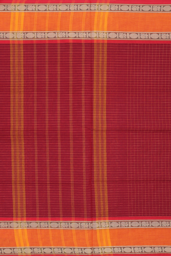 Nine Yards Cotton Saree In Crimson Red With Checks Design