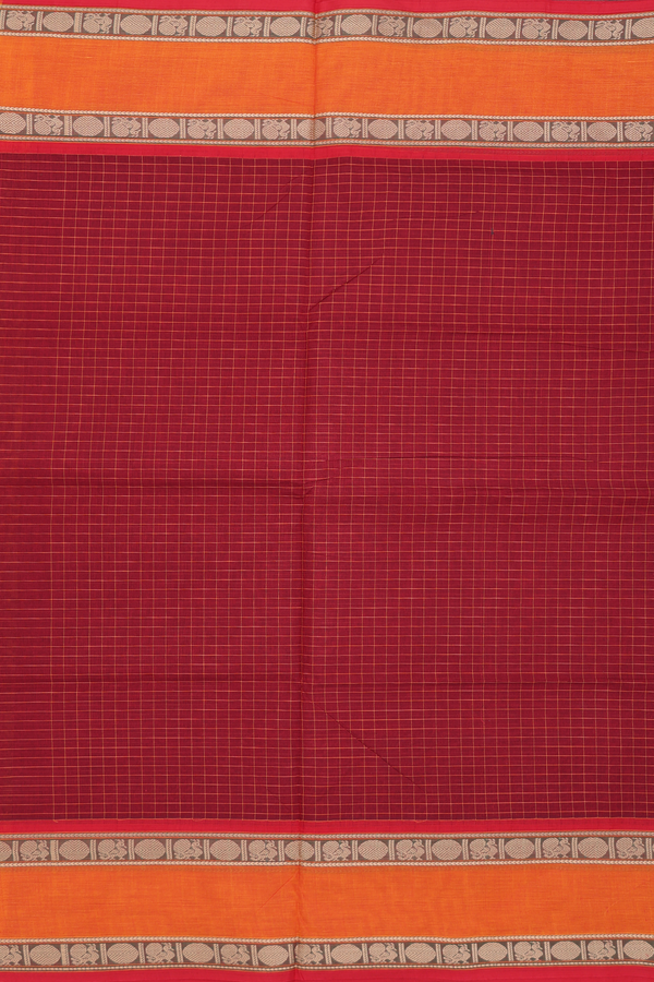 Nine Yards Cotton Saree In Crimson Red With Checks Design