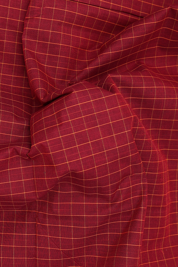 Nine Yards Cotton Saree In Crimson Red With Checks Design