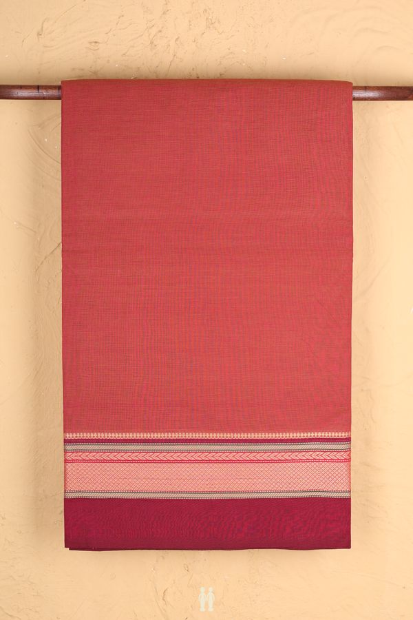 Nine Yards Cotton Saree In Dusty Red With Threadwork Border