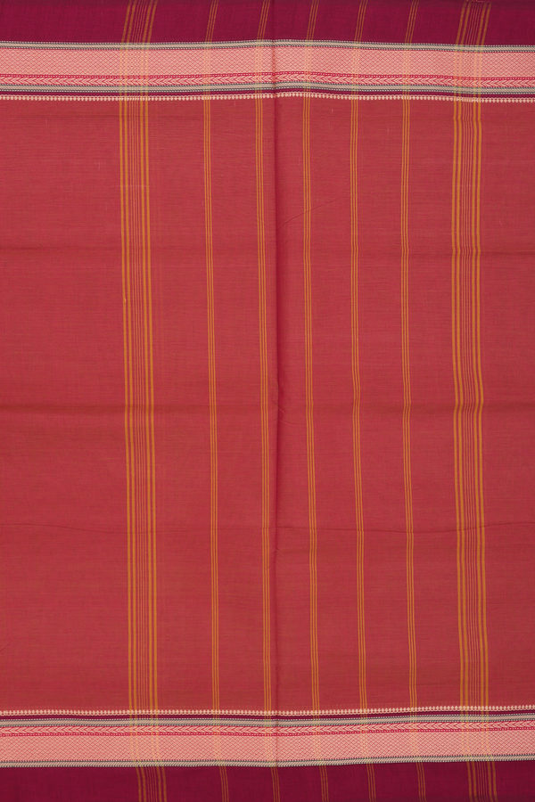 Nine Yards Cotton Saree In Dusty Red With Threadwork Border