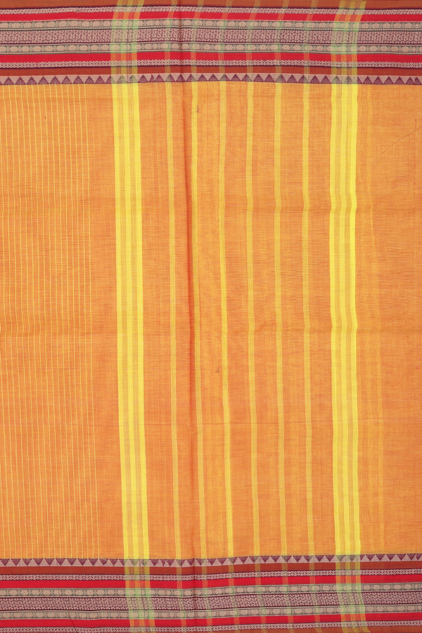 Nine Yards Cotton Saree In Mustard Orange With Checks Design