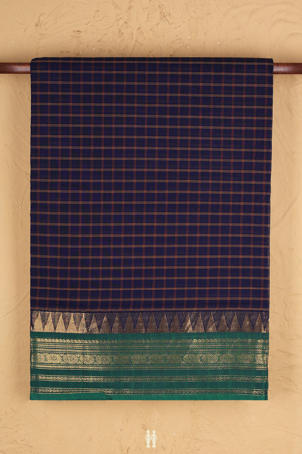 Nine Yards Cotton Saree In Navy Blue With Contrast Border