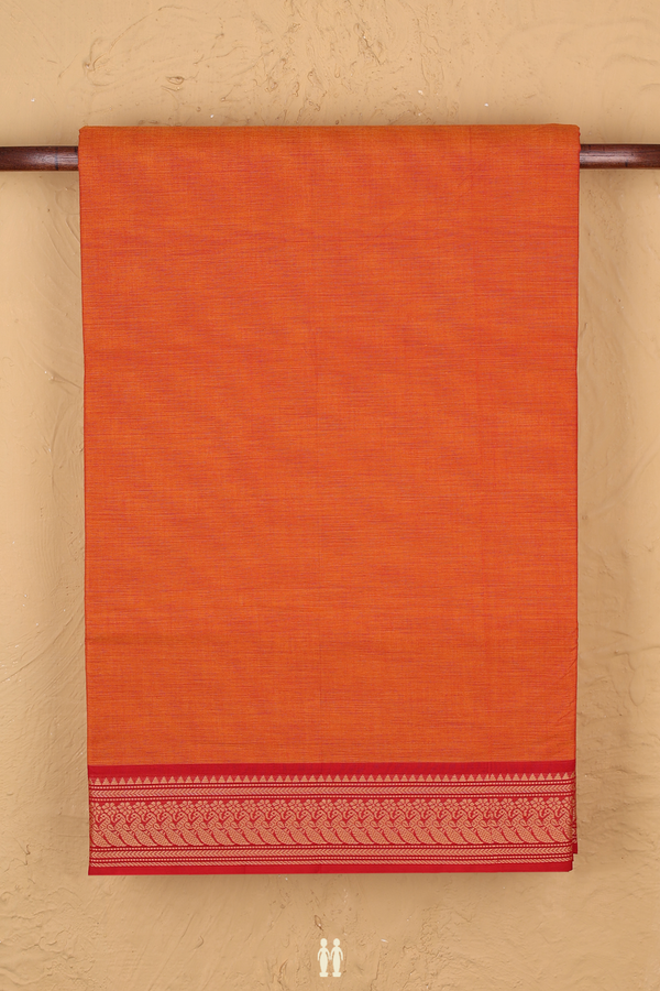 Nine Yards Cotton Saree In Orange With Threadwork Border