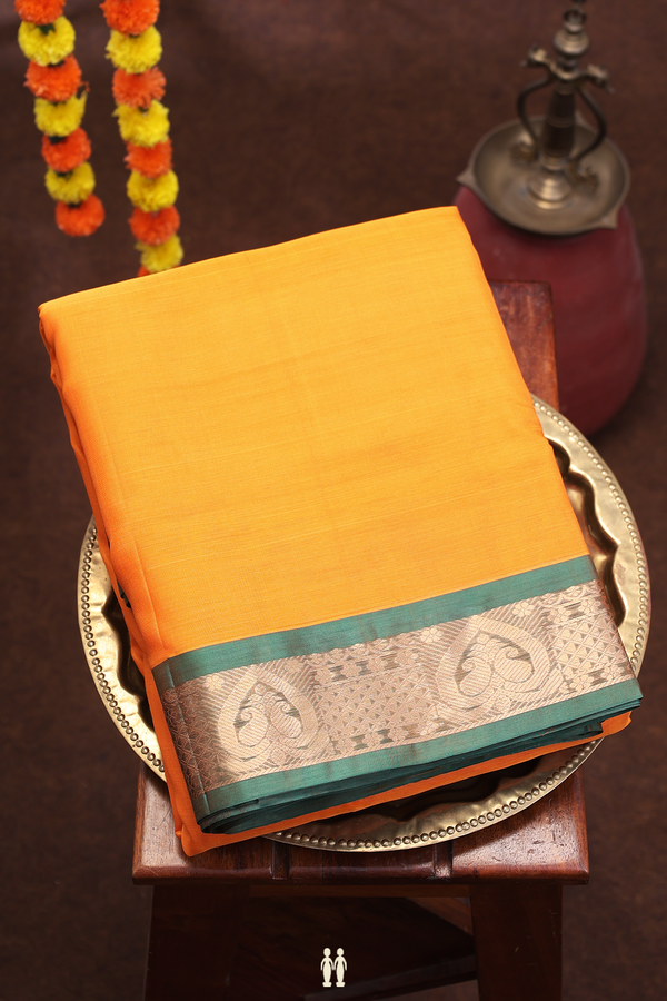 Nine Yards Silk Cotton Saree Bright Orange With Contrast Border