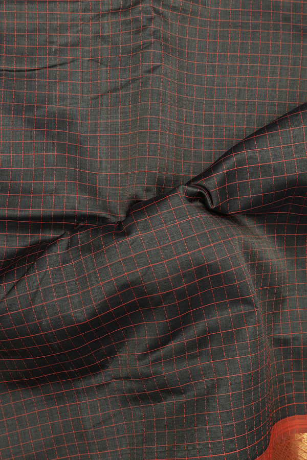Nine Yards Silk Cotton Saree Cedar Green With Checks Design