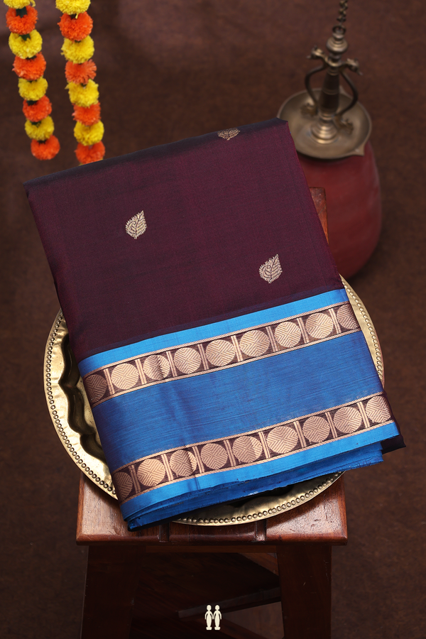 Nine Yards Silk Cotton Saree Dark Oak Brown With Leaf Buttas