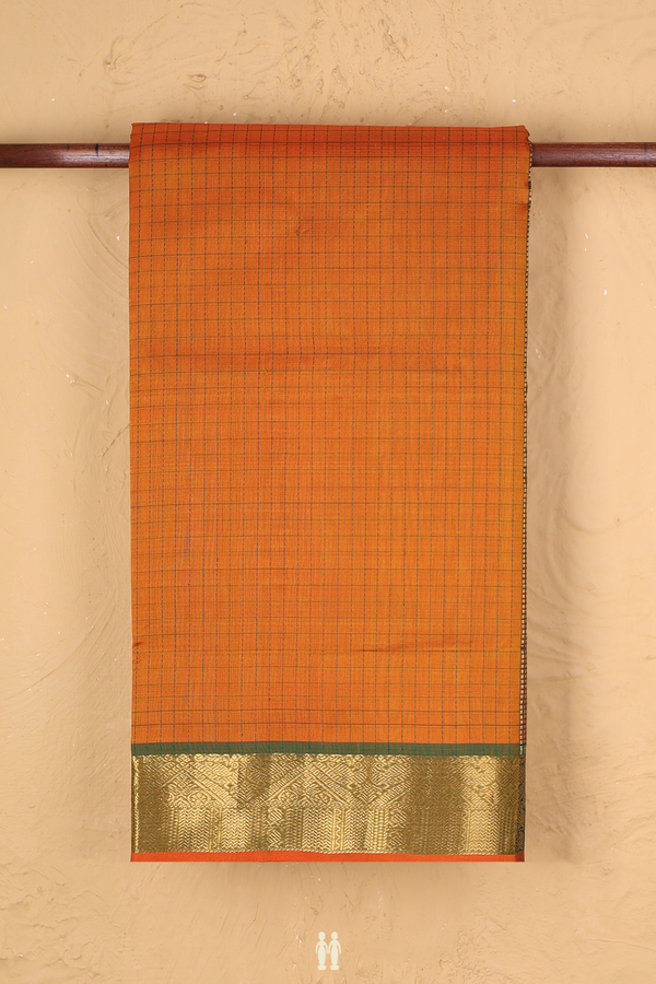 Nine Yards Silk Cotton Saree Ginger Orange With Checks Design