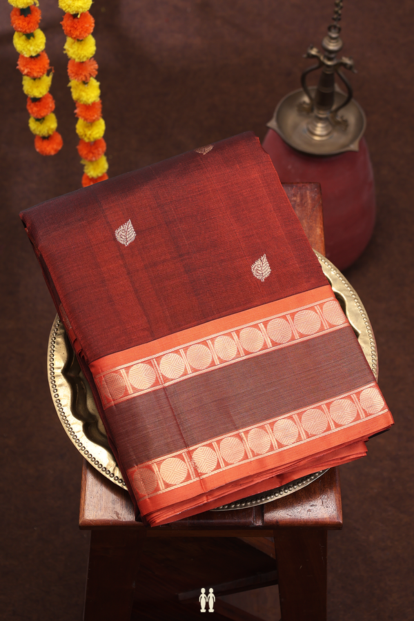 Nine Yards Silk Cotton Saree In Brown With Leaf Buttas