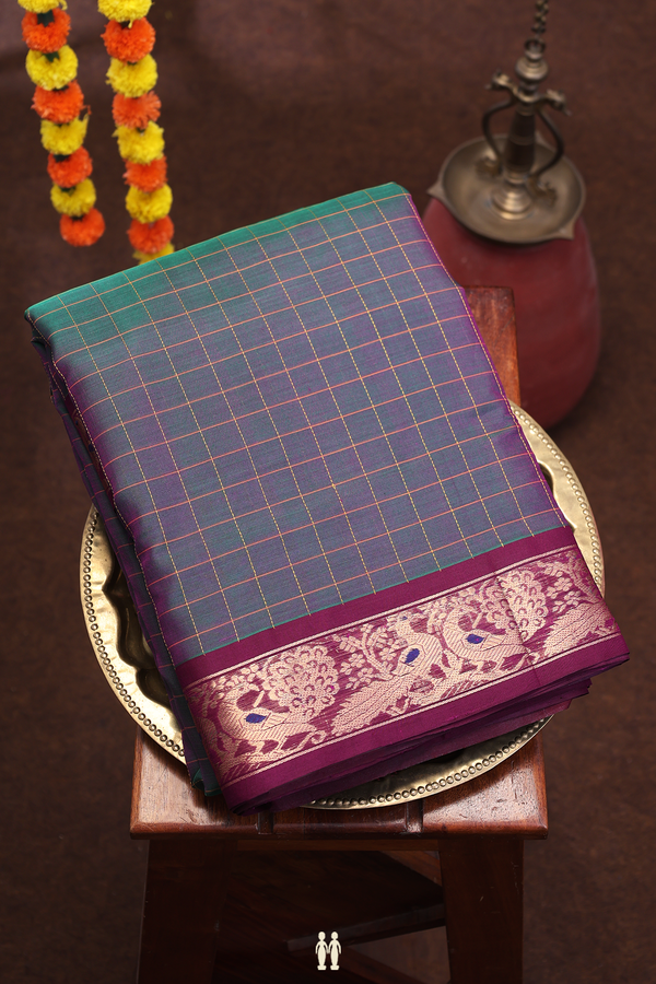 Nine Yards Silk Cotton Saree In Dual Tone With Checks Design