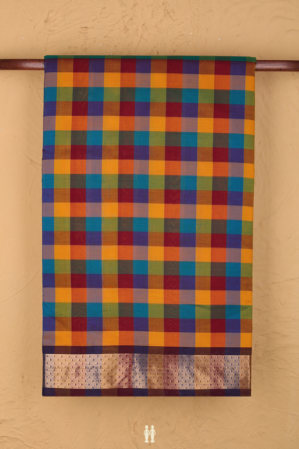 Nine Yards Silk Cotton Saree In Multicolor With Checks Design