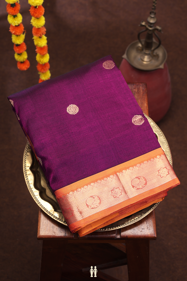 Nine Yards Silk Cotton Saree In Purple With Chakram Buttas