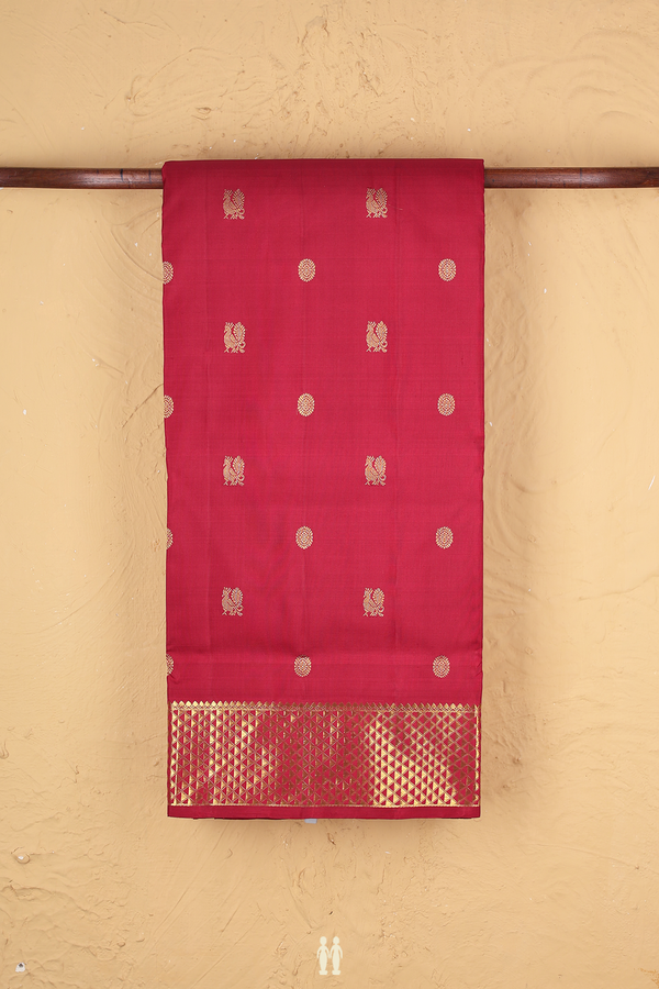 Nine Yards Silk Saree In Red With Peacock Buttas