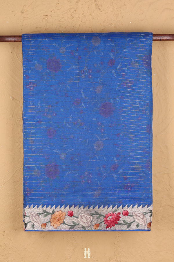 Organza Silk Saree In Blue With Stripes Design