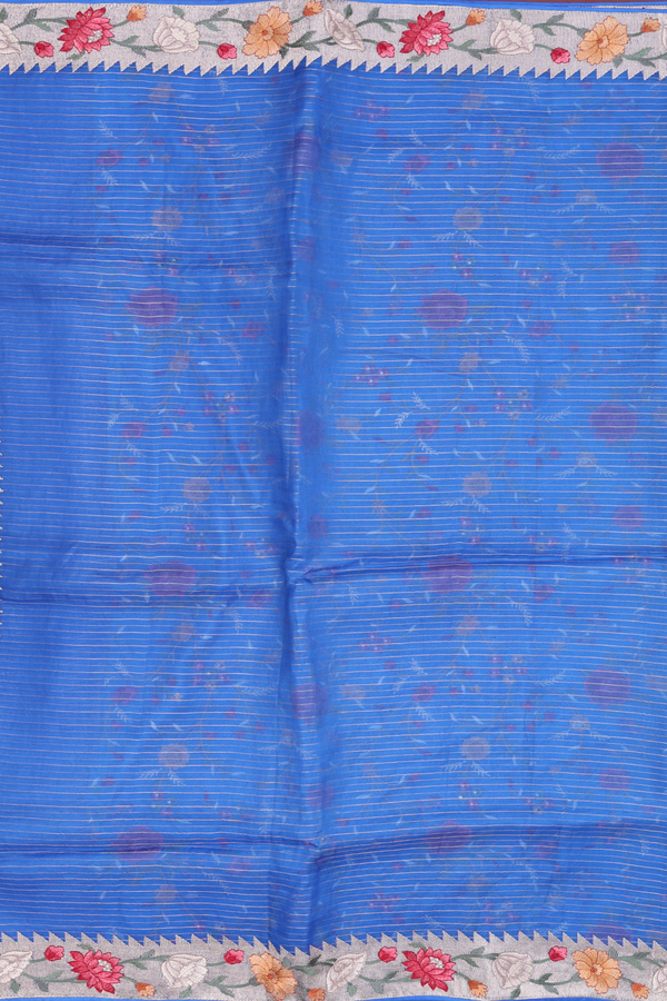 Organza Silk Saree In Blue With Stripes Design