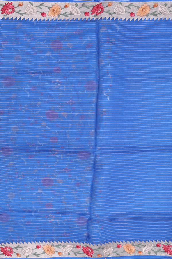 Organza Silk Saree In Blue With Stripes Design