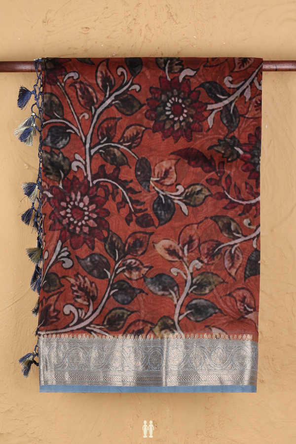 Organza Silk Saree In Brown With Floral Printed Design