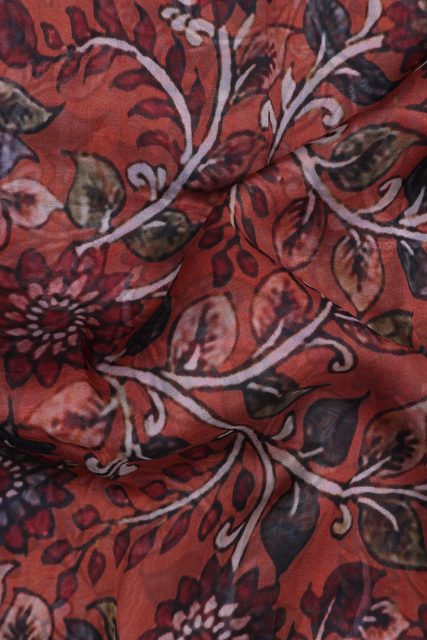 Organza Silk Saree In Brown With Floral Printed Design