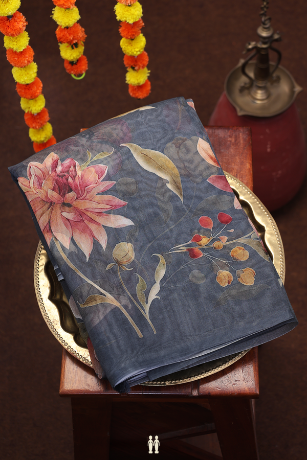 Organza Silk Saree In Charcoal Grey With Floral Design