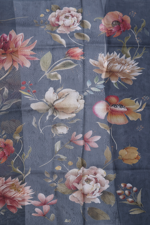 Organza Silk Saree In Charcoal Grey With Floral Design