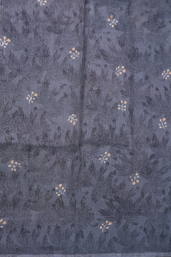 Organza Silk Saree In Charcoal Grey With Floral Design