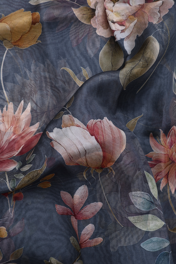 Organza Silk Saree In Charcoal Grey With Floral Design
